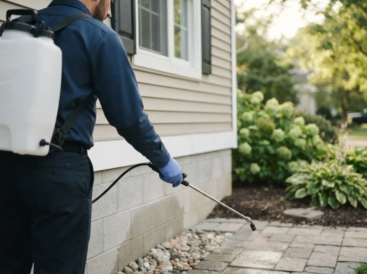 Pest control technician inspecting a home in Toone, TN